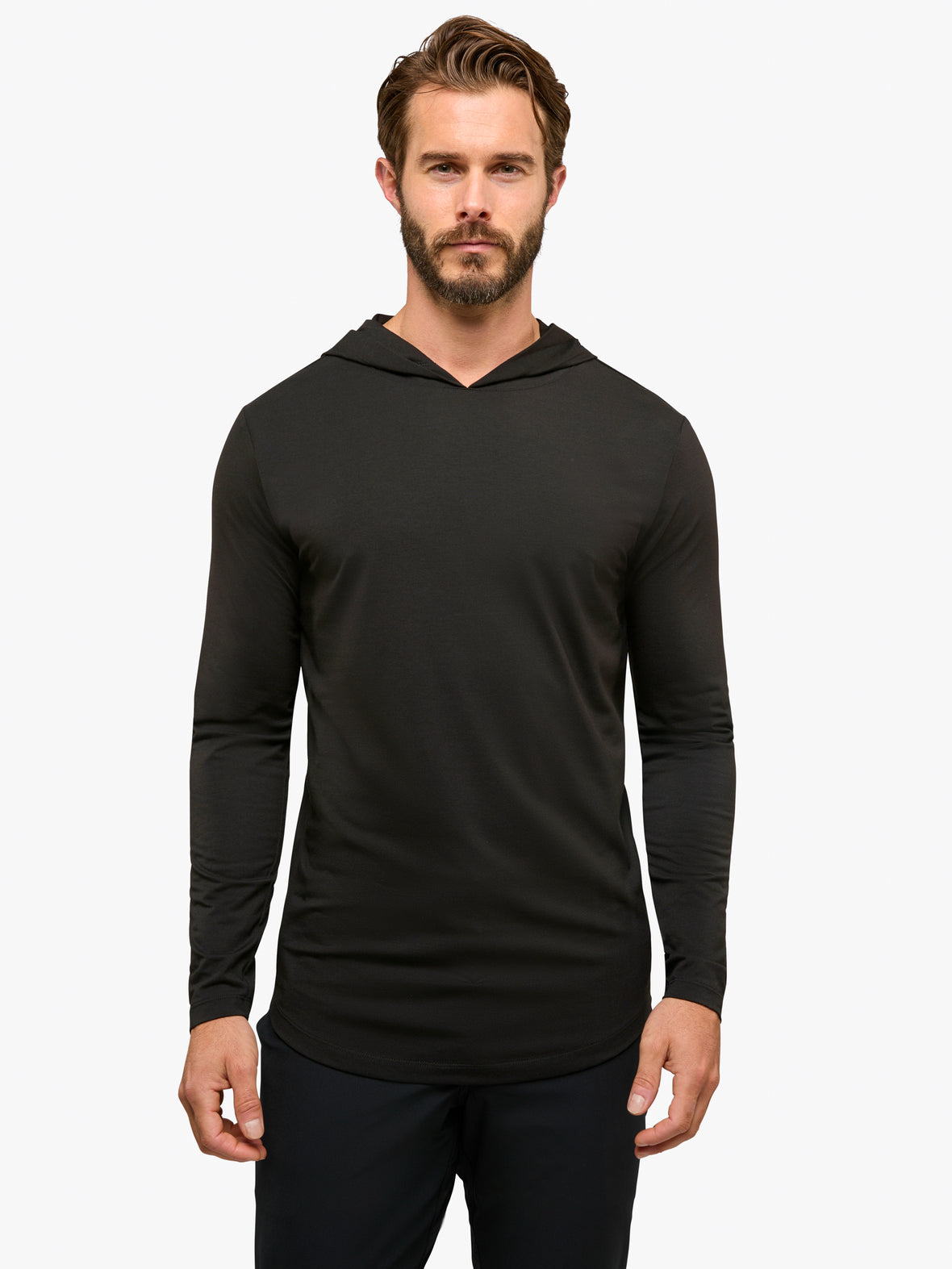 AO Long Sleeve Hooded Curve-Hem Tee | Black Signature-fit PYCA Pro®