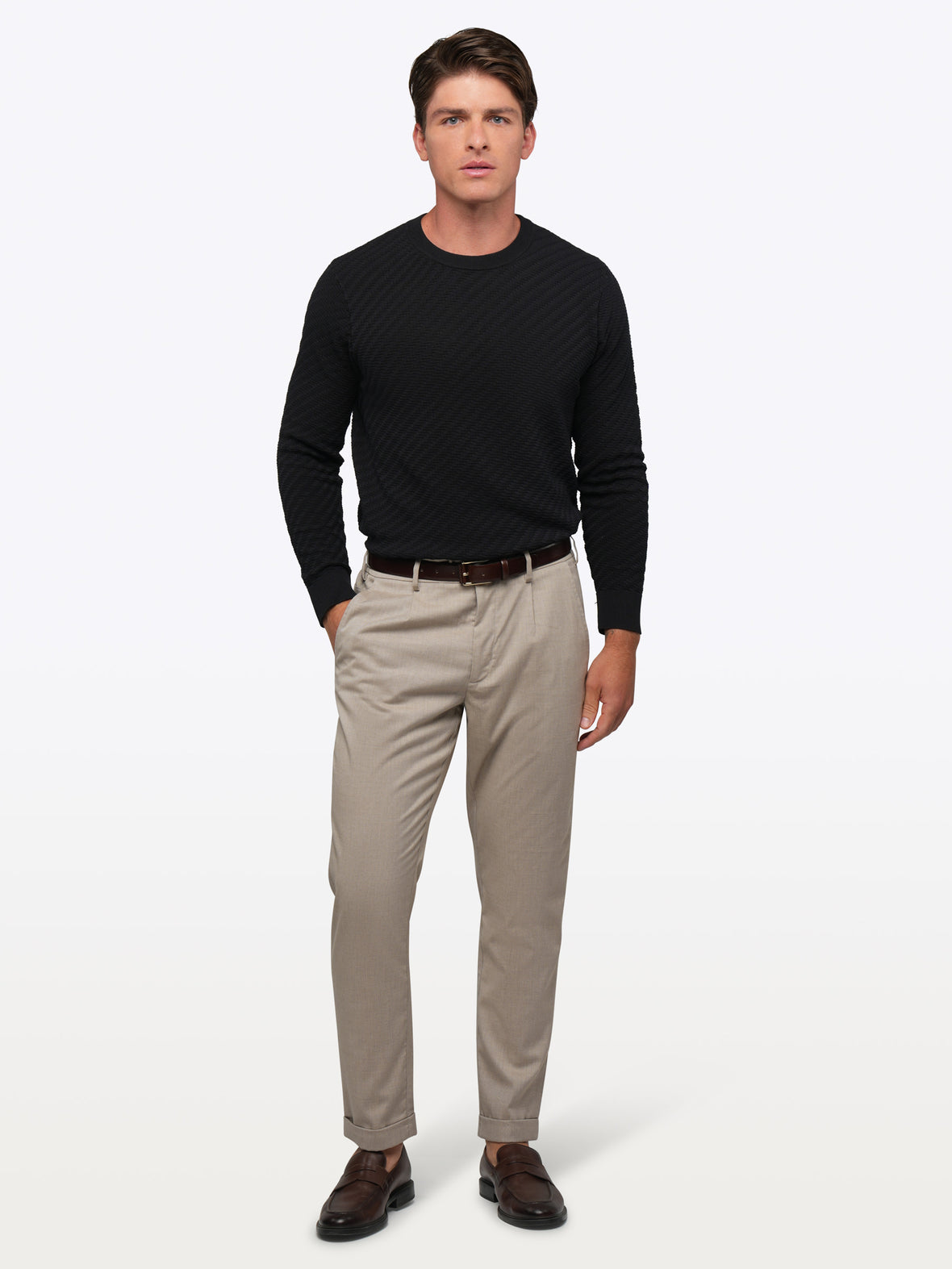 Riviera Knit Long Sleeve Textured Tee | Black Signature-Fit
