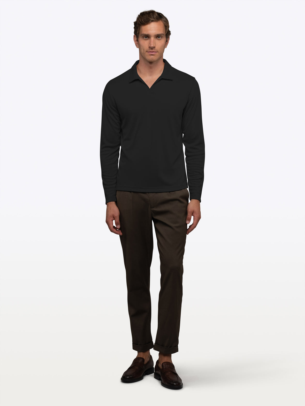 SoHo Ribbed Long Sleeve Polo| Black Signature-Fit