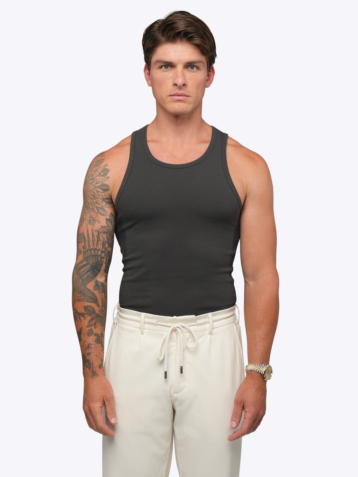 Essential Tank 3-Pack + Hyperloop Overshirt Fit Bundle – Essential Fitted Rib Tank 3 Pack | Black/White/Grey Form-Fitting