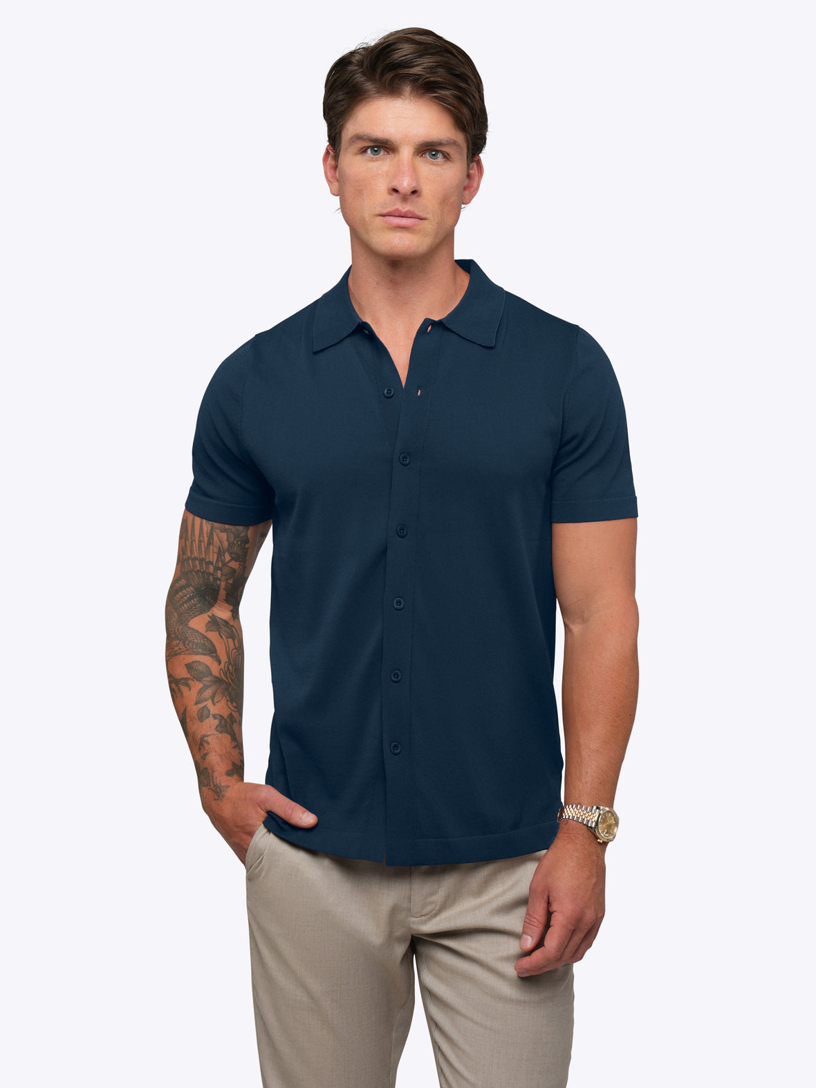 Riviera Knit Button Up | Pacific Blue Signature-Fit