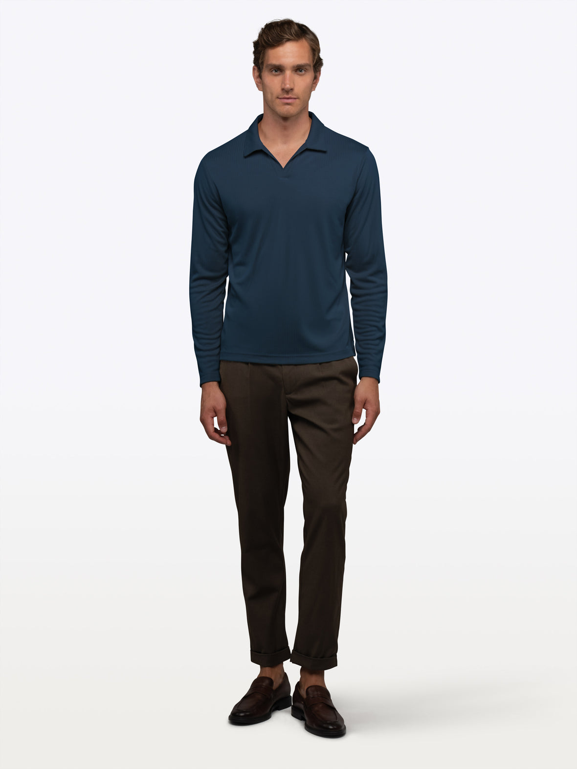 SoHo Ribbed Long Sleeve Polo | Pacific Blue Signature-Fit