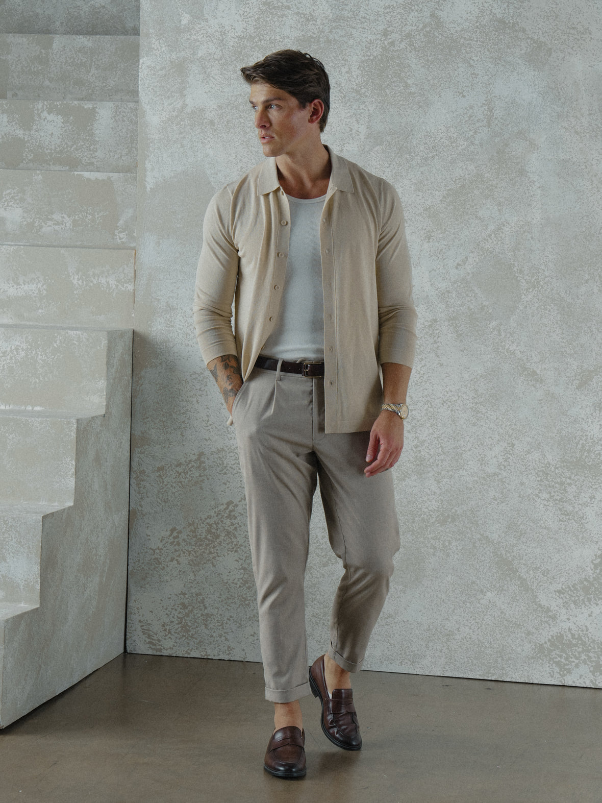 Riviera Knit Long Sleeve Button Up | Sand Dune Signature-Fit