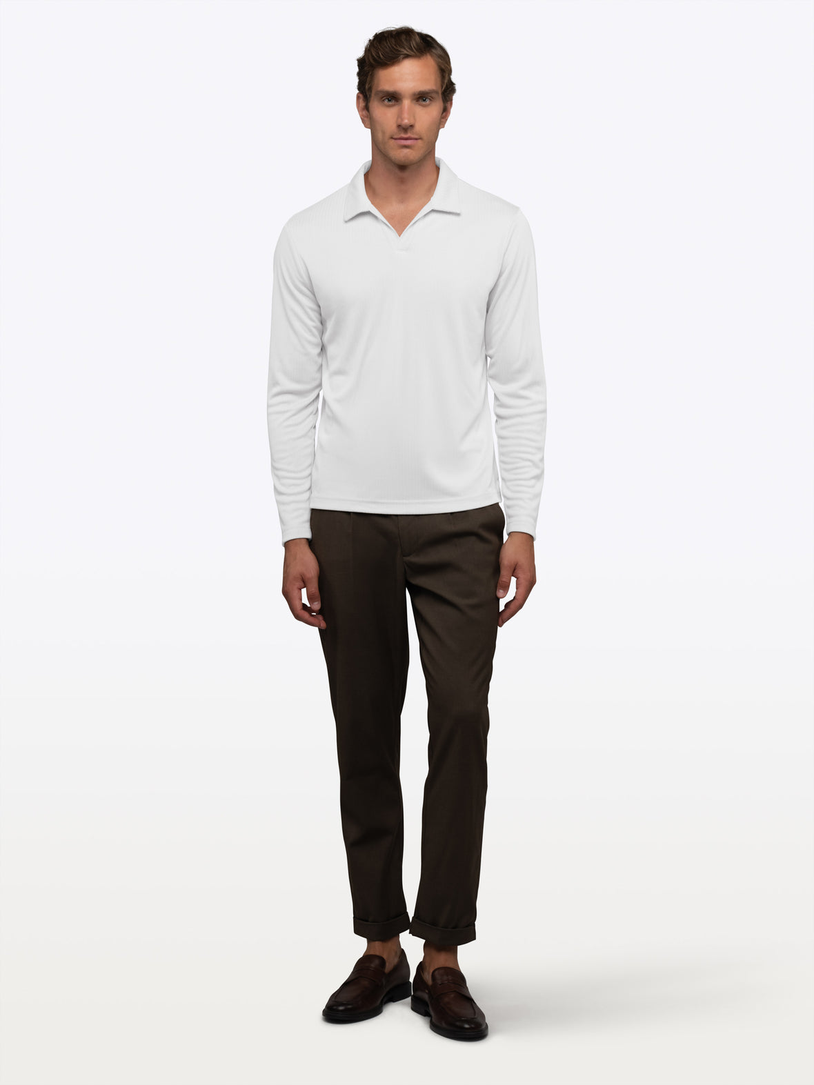 SoHo Ribbed Long Sleeve Polo | White Signature-Fit